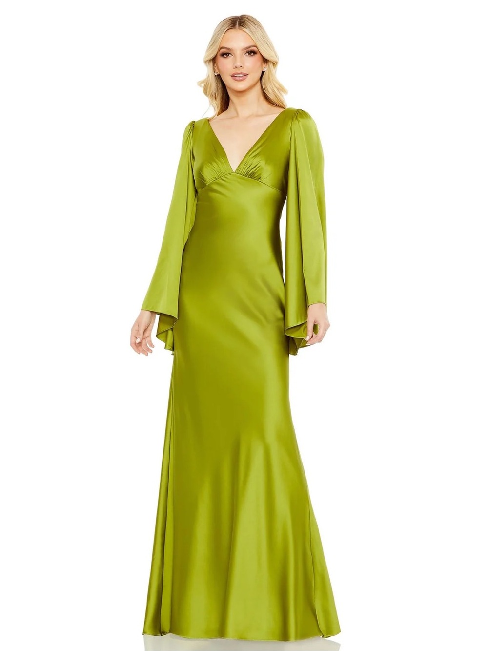 BRAND NEW- Mac Duggal Elegant Olive Green Satin V-Neck Maxi Dress